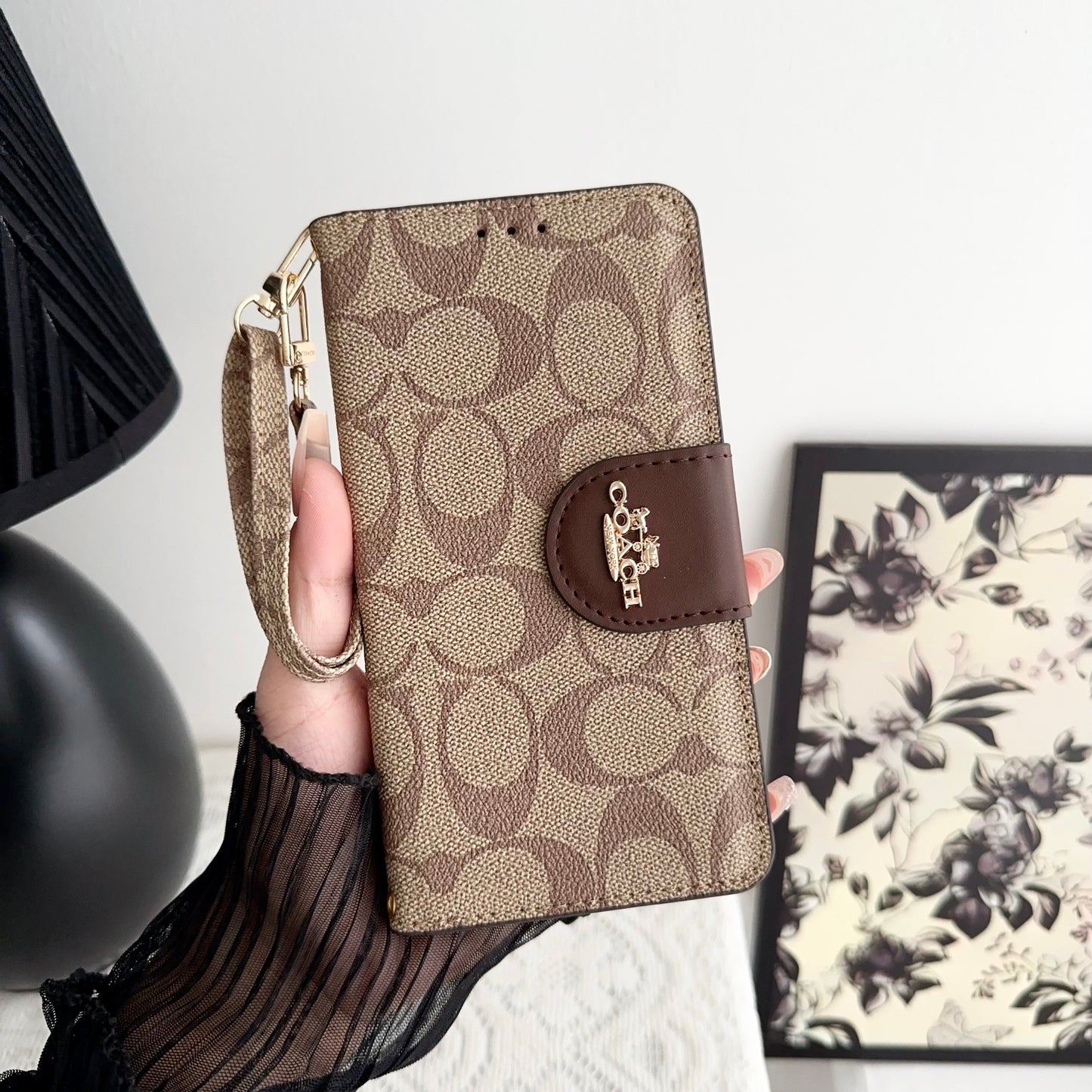 Coach iPhone Case Leather Flip Case with Card Holder Brown-PTK241622