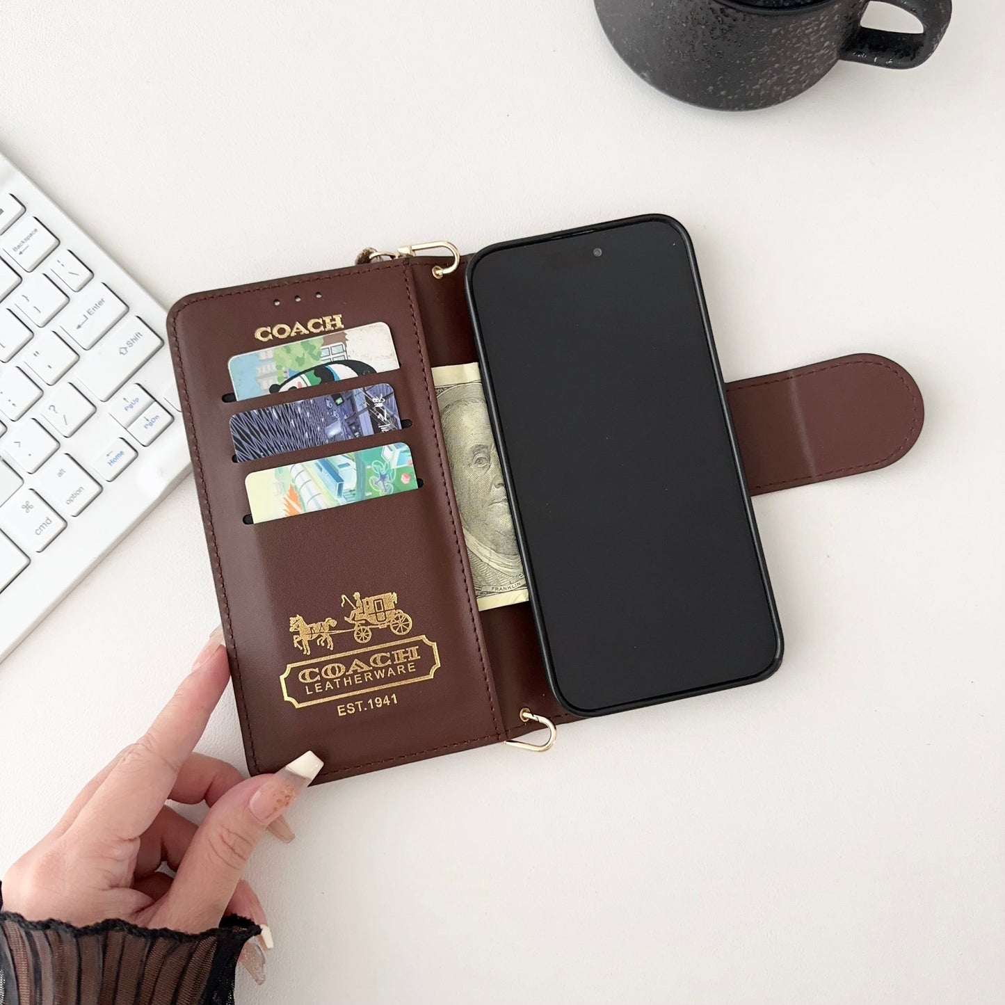 Coach iPhone Case Leather Flip Case with Card Holder Brown-PTK241622